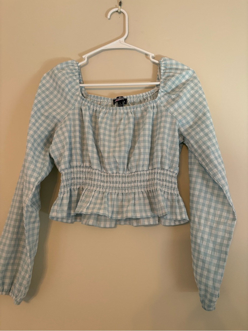Light Blue Green Gingham Smocked Peplum Blouse
